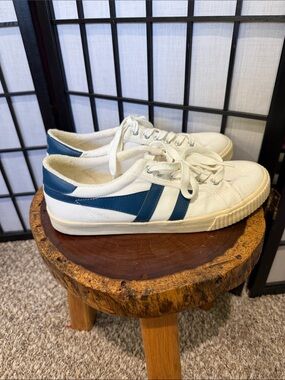 Gola White Tennis Style Sneakers with Blue Side Stripes
